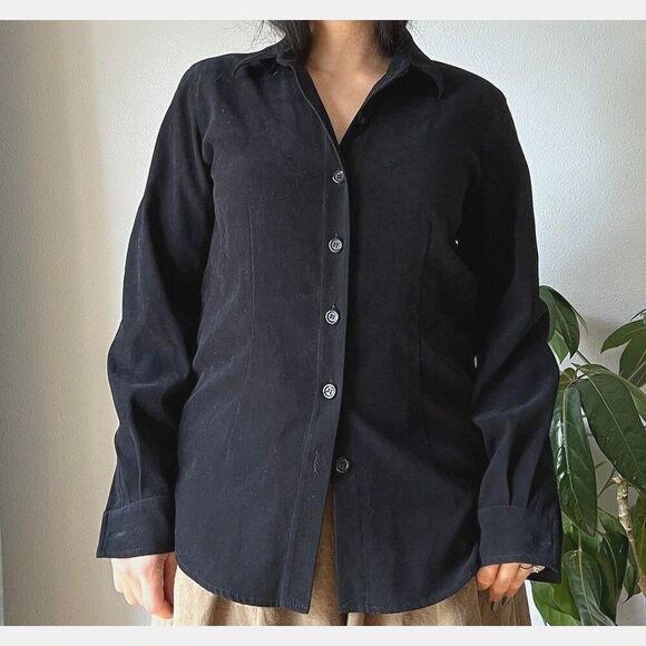 vtg 90s y2k suedelike black button down shirt classic tailored boho blouse small - Picture 1 of 10